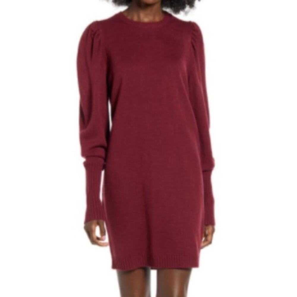 WAYF Small Burgundy Long Sleeve Sweater Dress Crewneck Maroon Mini Dress Puff